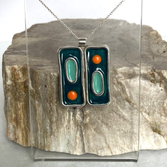 Sterling Silver 925 Modernist Style Enamel Geometric Pendant Necklace 18" Chain - Picture 7 of 16